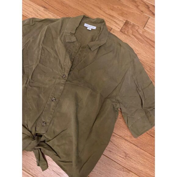Topshop Women's Olive Green cropped Button-Up Tie-Front collared Shirt Size US 6 - Picture 2 of 8